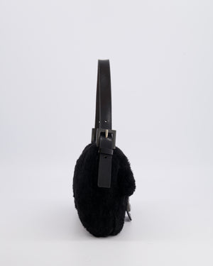 Fendi Vintage Black Rabbit Fur Baguette Shoulder Bag with Black Leather Details