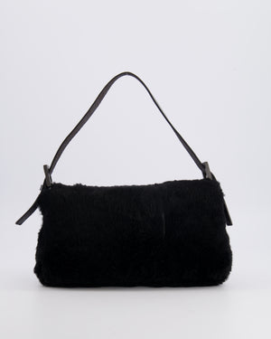 Fendi Vintage Black Rabbit Fur Baguette Shoulder Bag with Black Leather Details