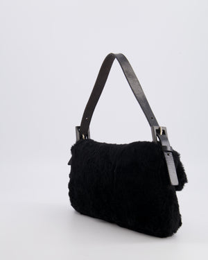 Fendi Vintage Black Rabbit Fur Baguette Shoulder Bag with Black Leather Details