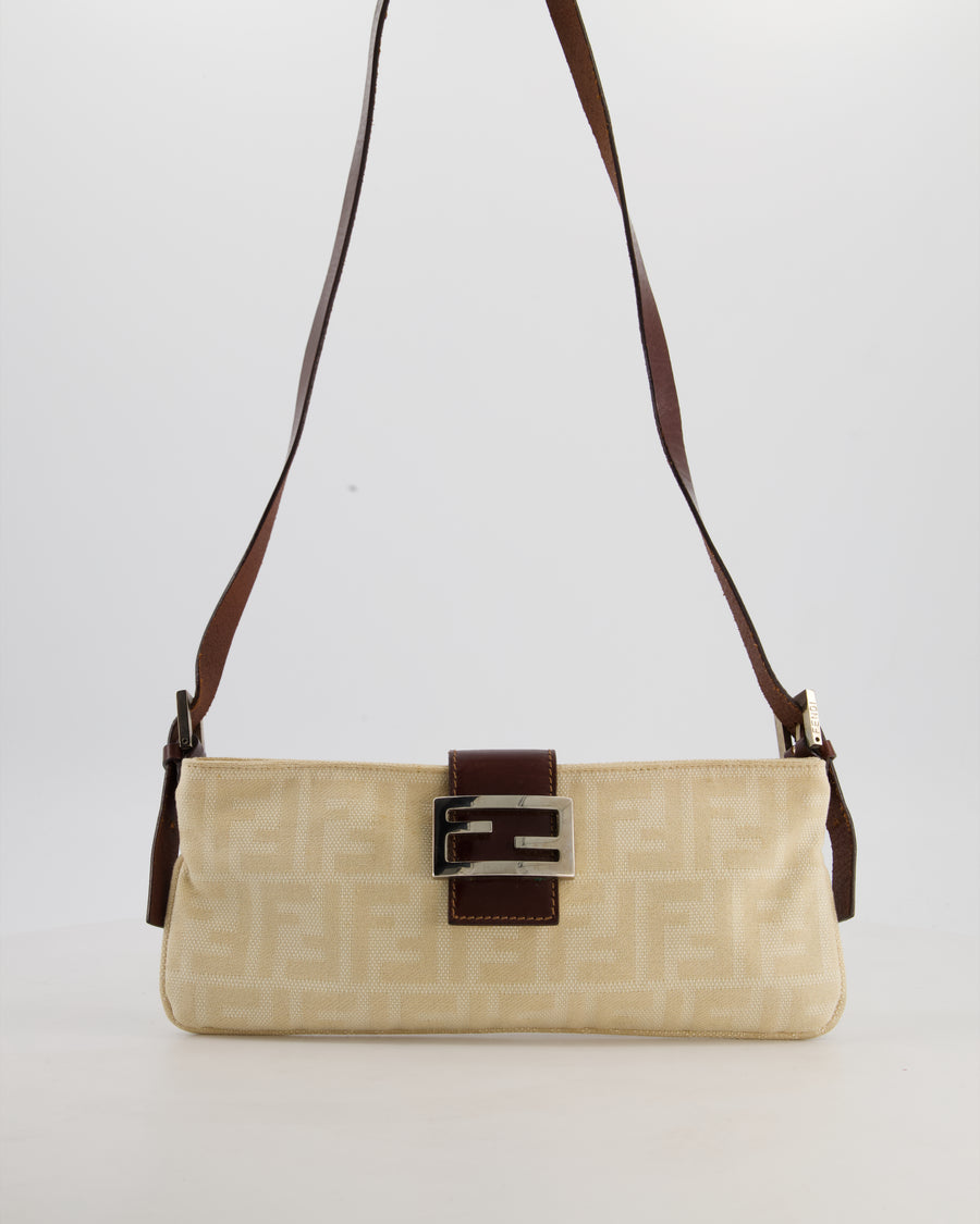 Fendi Vintage Cream Zucca Canvas Baguette Bag with Silver Hardware