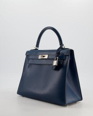 *VERY RARE* Hermès Kelly 28 Sellier Bag in Bleu De Prusse Box Calf Leather with Guilloche Palladium Hardware