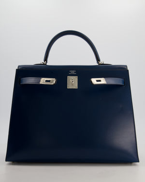 *VERY RARE* Hermès Kelly 35 Sellier Bag in Bleu De Prusse Box Calf Leather with Guilloche Palladium Hardware