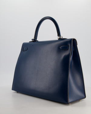 *VERY RARE* Hermès Kelly 35 Sellier Bag in Bleu De Prusse Box Calf Leather with Guilloche Palladium Hardware