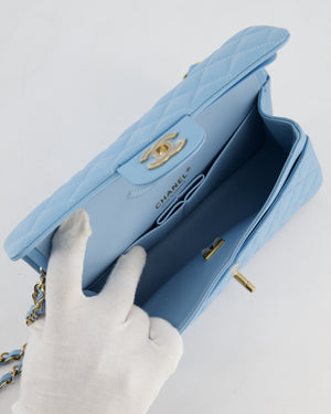 *HOT* Chanel Baby Blue Small Classic Double Flap Bag in Caviar Leather with Gold Hardware