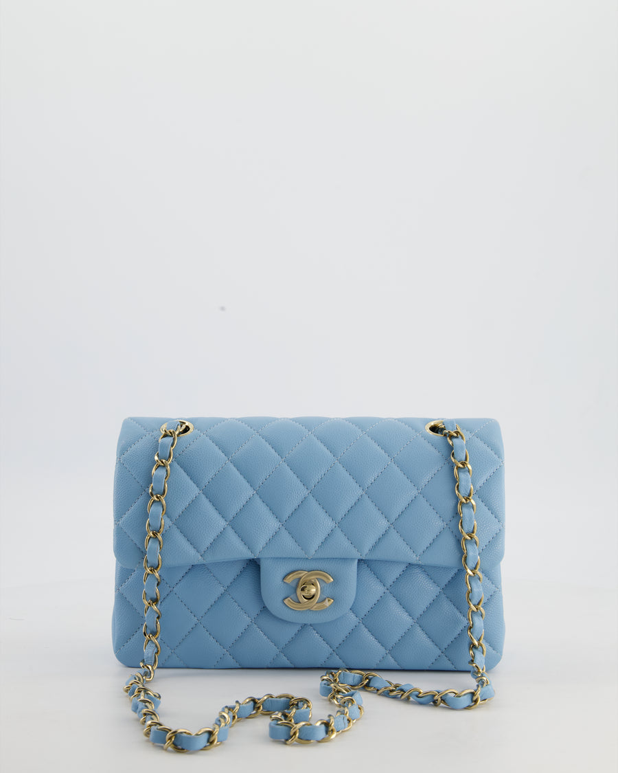 *HOT* Chanel Baby Blue Small Classic Double Flap Bag in Caviar Leather with Gold Hardware