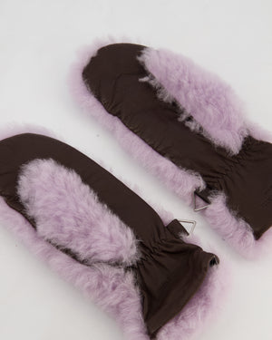 Bottega Veneta Lilac Teddy Shearling Mittens with Brown Lambskin Leather Strap and Silver Hardware Size 7.5 (M)