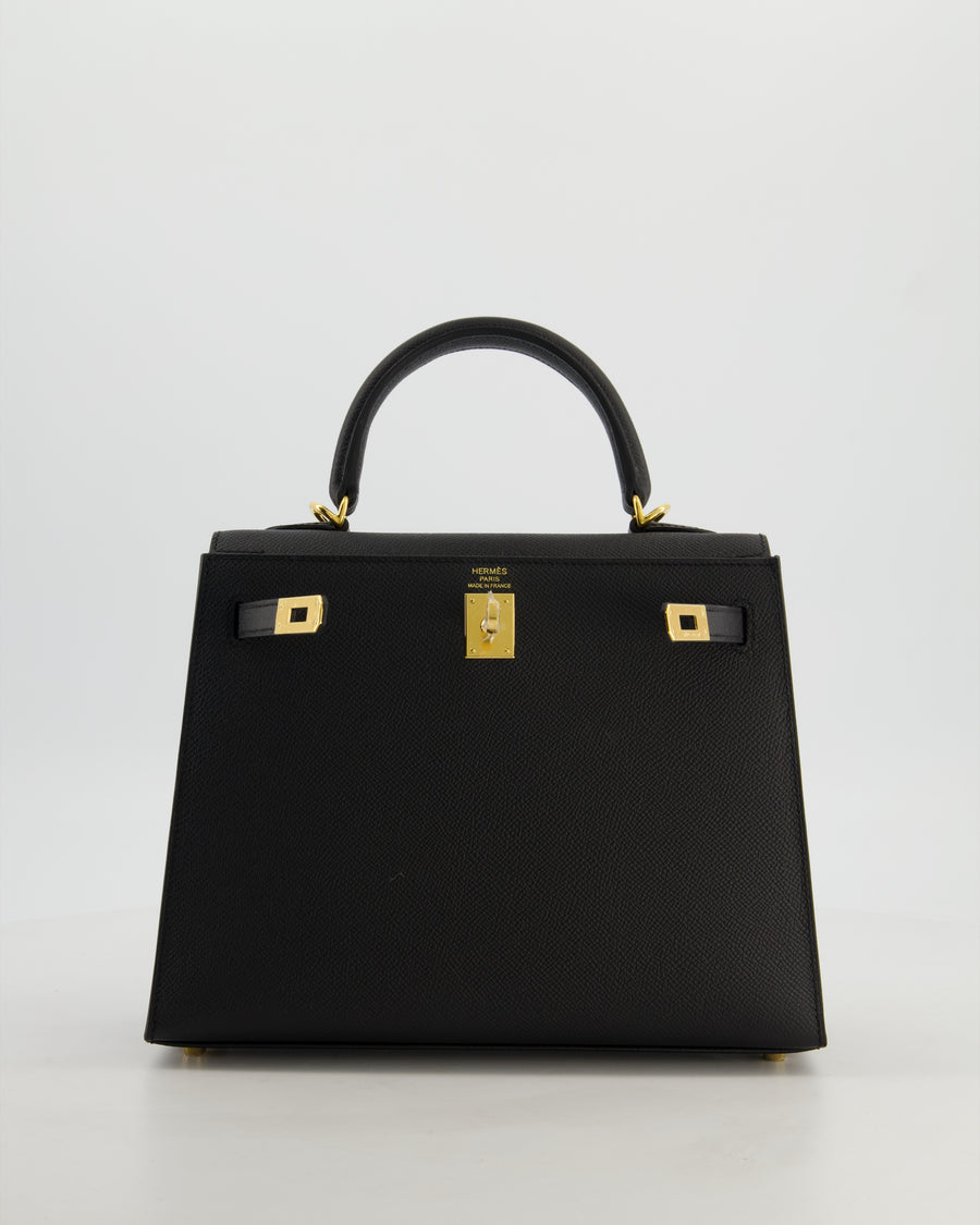 *HOT* Hermès Kelly 25 Sellier Bag in Noir Epsom Leather with Gold Hardware