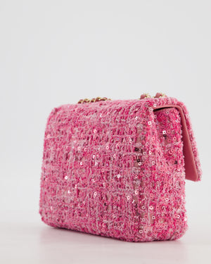 *HOT* Chanel Small Pink Single Flap Bag in Tweed & Sequins with Gold Hardware