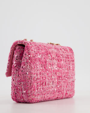 *HOT* Chanel Small Pink Single Flap Bag in Tweed & Sequins with Gold Hardware