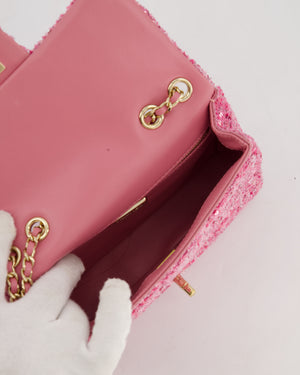 *HOT* Chanel Small Pink Single Flap Bag in Tweed & Sequins with Gold Hardware