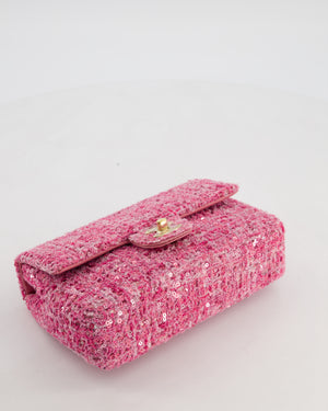 *HOT* Chanel Small Pink Single Flap Bag in Tweed & Sequins with Gold Hardware