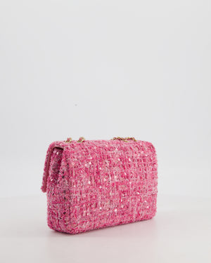*HOT* Chanel Small Pink Single Flap Bag in Tweed & Sequins with Gold Hardware