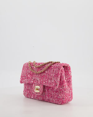 *HOT* Chanel Small Pink Single Flap Bag in Tweed & Sequins with Gold Hardware