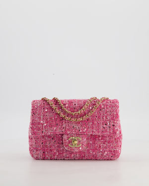 *HOT* Chanel Small Pink Single Flap Bag in Tweed & Sequins with Gold Hardware