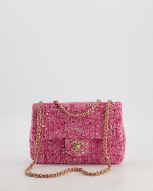 *HOT* Chanel Small Pink Single Flap Bag in Tweed & Sequins with Gold Hardware