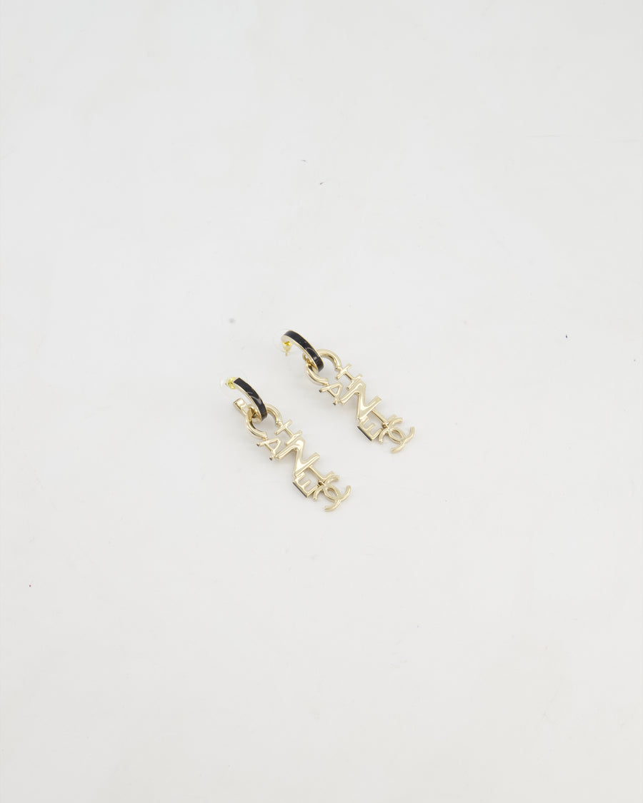 *HOT* Chanel 22K Large Champagne Gold Pendant Earrings with Logo Detail