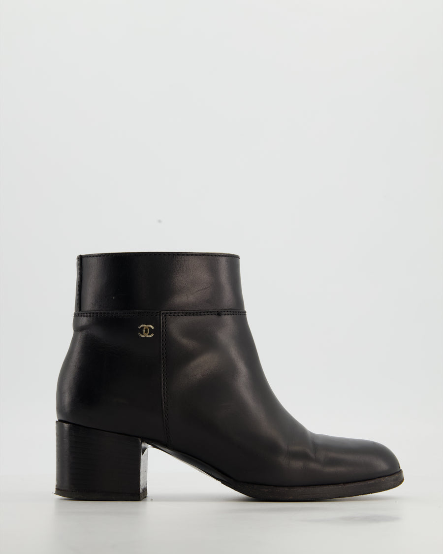 Chanel Black Leather Ankle Boots with Gold CC Logo Size EU 37