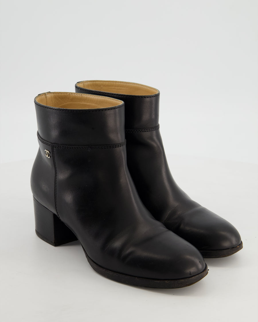 Chanel Black Leather Ankle Boots with Gold CC Logo Size EU 37