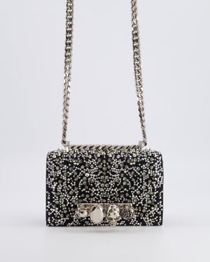 Alexander Mcqueen Black Crystal Embelished Suede Shoulder Bag with Skull and Spike Details