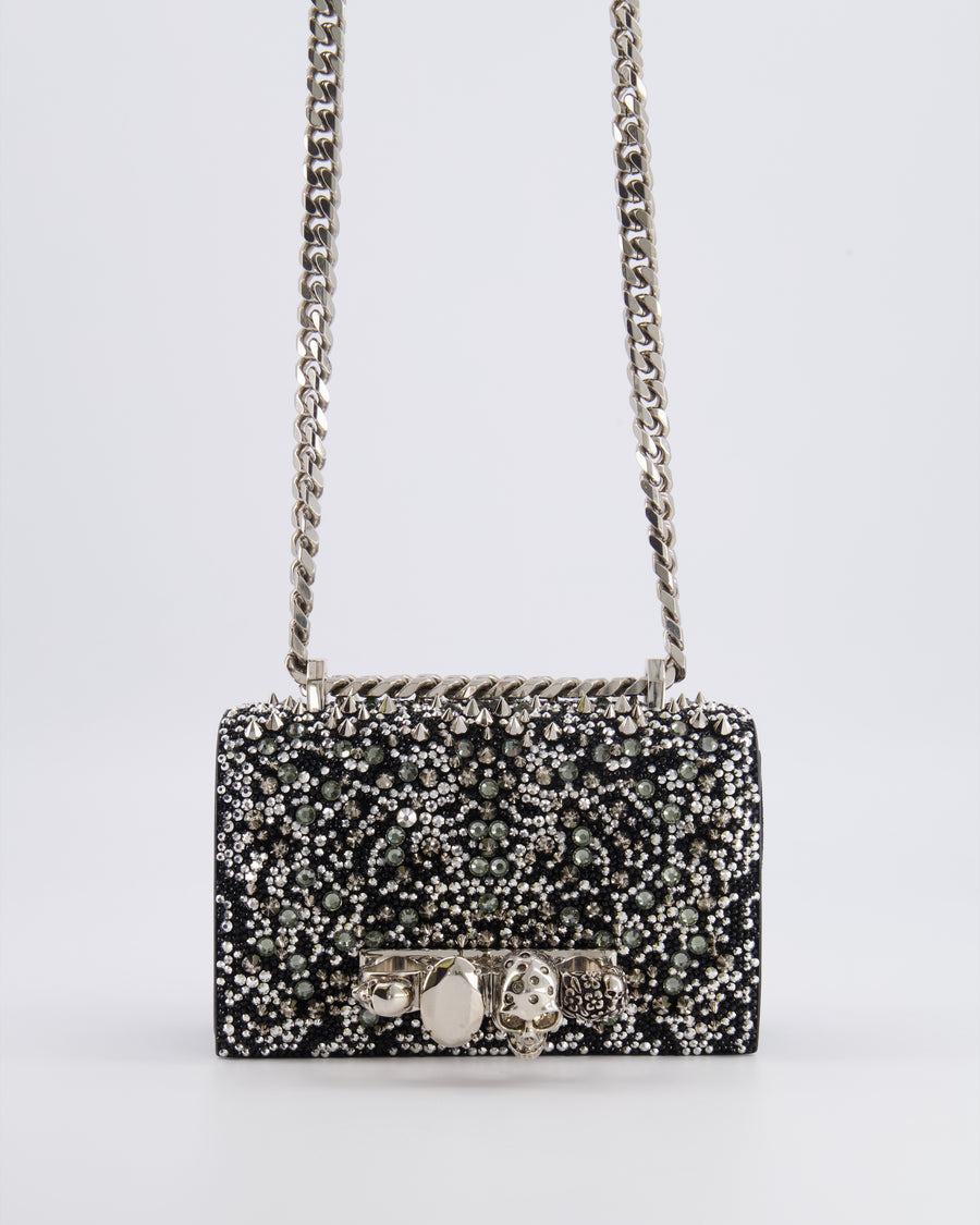 Alexander Mcqueen Black Crystal Embelished Suede Shoulder Bag with Skull and Spike Details