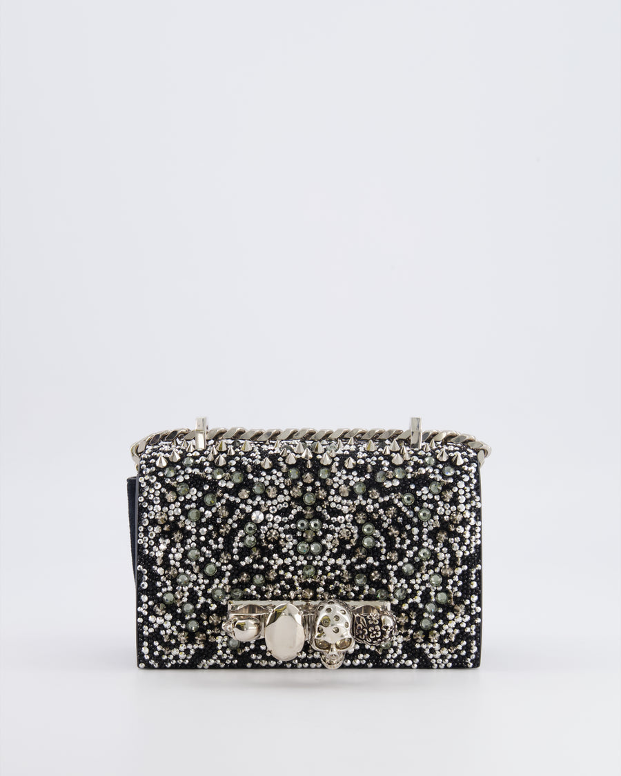 Alexander Mcqueen Black Crystal Embelished Suede Shoulder Bag with Skull and Spike Details