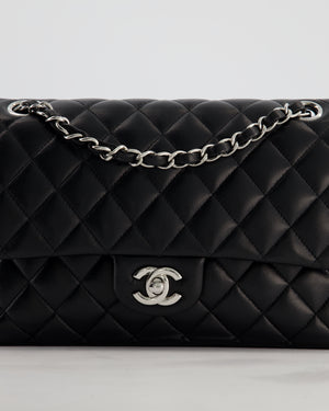 Chanel Black Medium Classic Double Flap Bag in Lambskin Leather with Silver Hardware