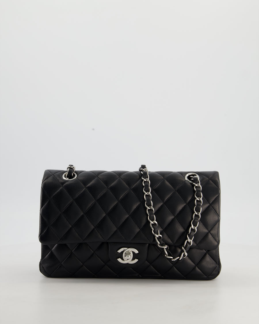 Chanel Black Medium Classic Double Flap Bag in Lambskin Leather with Silver Hardware