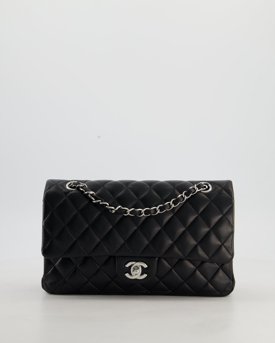 Chanel Black Medium Classic Double Flap Bag in Lambskin Leather with Silver Hardware