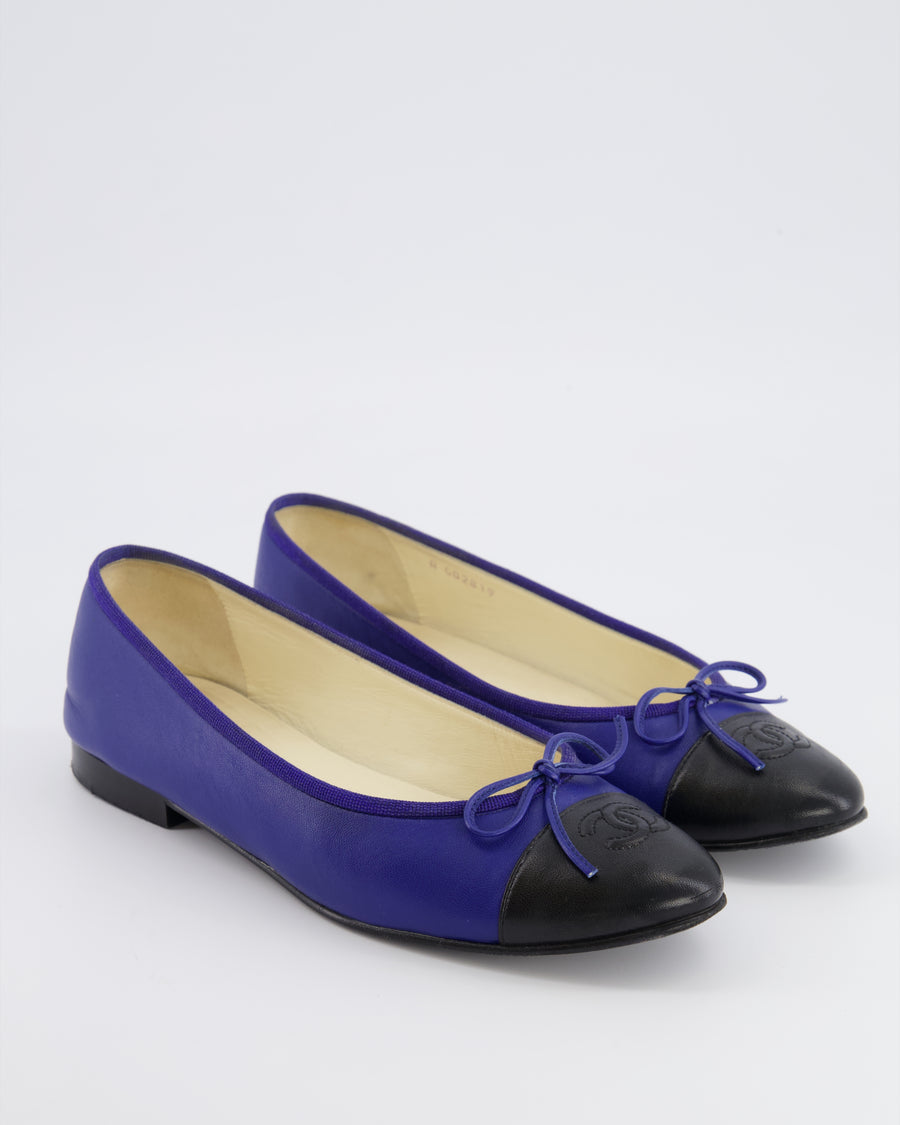 Chanel Blue Ballet Flats with Black Cap-Toe and CC Logo Detail Size EU 39
