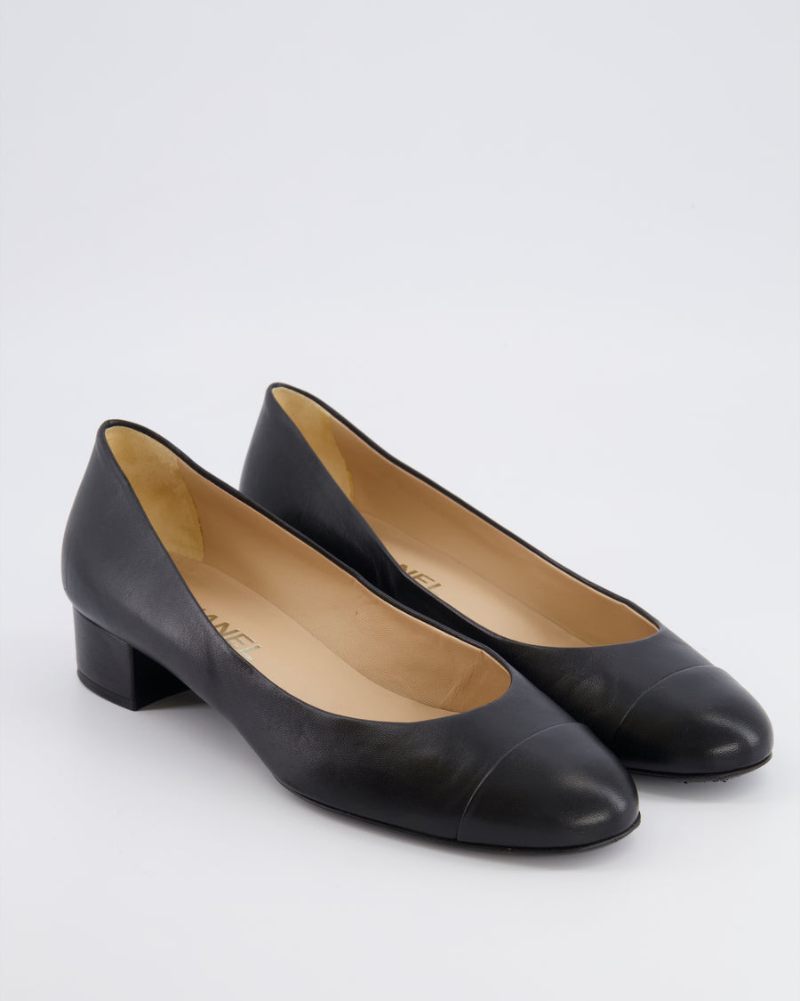 Chanel Black Lambskin Heeled Ballerina Shoes with Pearl Heel Embellishments and Gold CC Logo Details Size EU 39