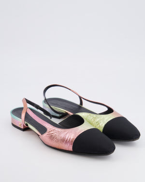 Chanel 20A Slingback Flats in Multi-Colour Laminated Calfskin with Black Grosgrain Cap-Toe and Gold CC Logo Details Size EU 39