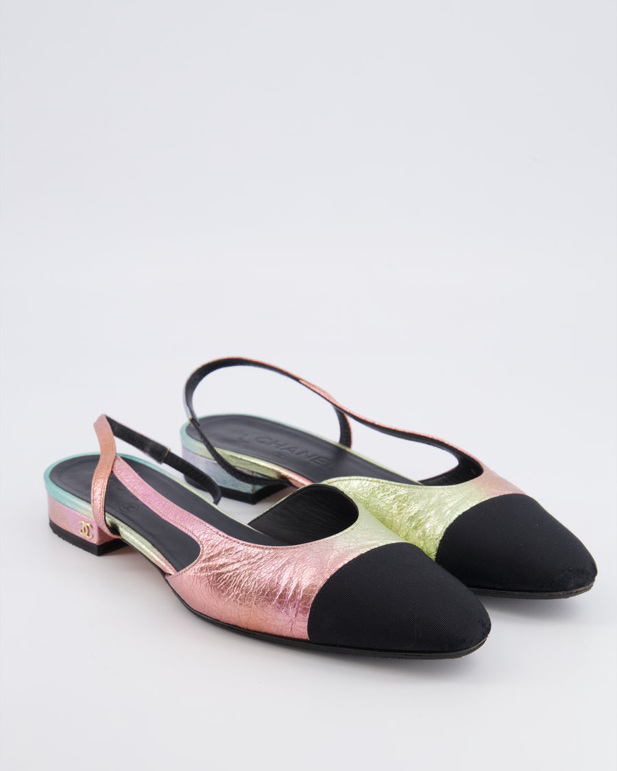 Chanel 20A Slingback Flats in Multi-Colour Laminated Calfskin with Black Grosgrain Cap-Toe and Gold CC Logo Details Size EU 39