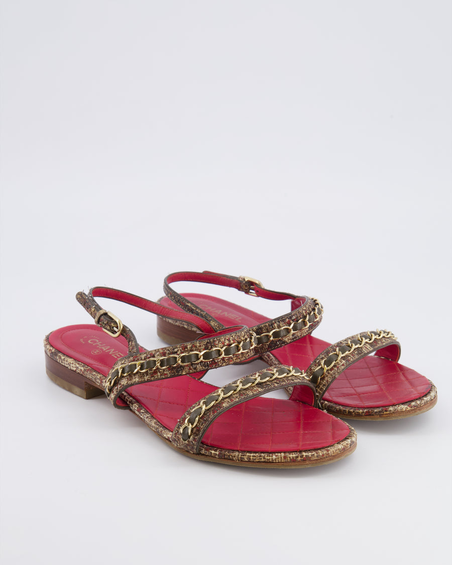 Chanel 16S Fantasy Python Sandals in Brown Python and Red Quilted Lambskin with Gold Chain and Gold CC Logo Detail Size 38.5C