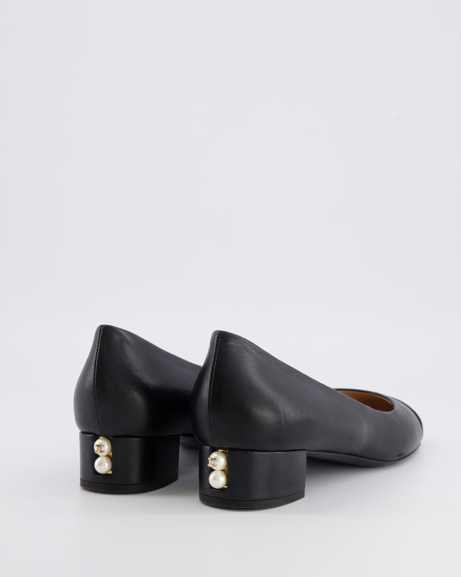 Chanel Black Lambskin Heeled Ballerina Shoes with Pearl Heel Embellishments and Gold CC Logo Details Size EU 39
