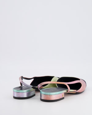 Chanel 20A Slingback Flats in Multi-Colour Laminated Calfskin with Black Grosgrain Cap-Toe and Gold CC Logo Details Size EU 39