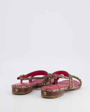 Chanel 16S Fantasy Python Sandals in Brown Python and Red Quilted Lambskin with Gold Chain and Gold CC Logo Detail Size 38.5C