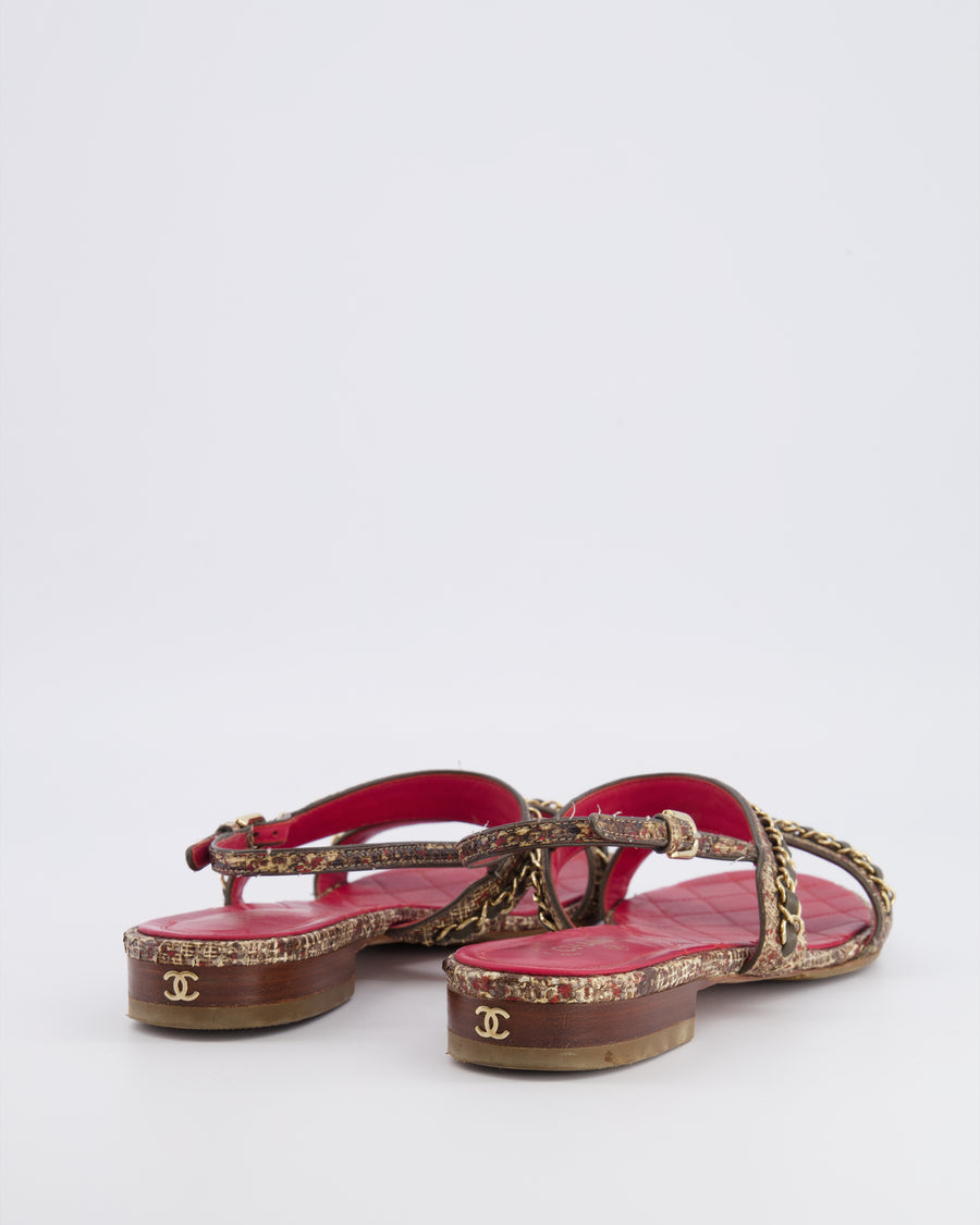 Chanel 16S Fantasy Python Sandals in Brown Python and Red Quilted Lambskin with Gold Chain and Gold CC Logo Detail Size 38.5C
