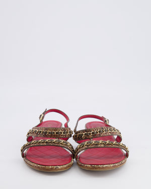 Chanel 16S Fantasy Python Sandals in Brown Python and Red Quilted Lambskin with Gold Chain and Gold CC Logo Detail Size 38.5C