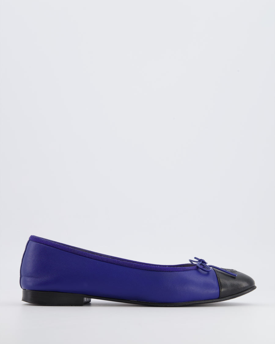 Chanel Blue Ballet Flats with Black Cap-Toe and CC Logo Detail Size EU 39