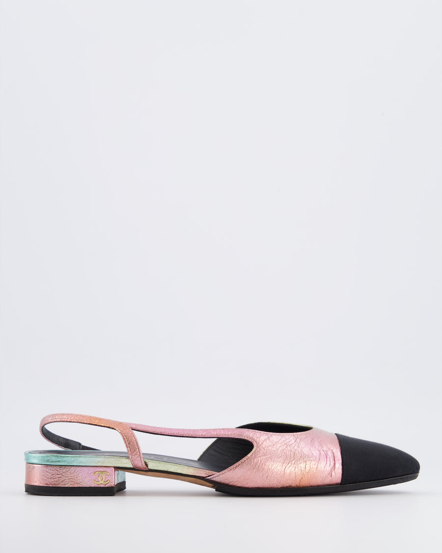 Chanel 20A Slingback Flats in Multi-Colour Laminated Calfskin with Black Grosgrain Cap-Toe and Gold CC Logo Details Size EU 39