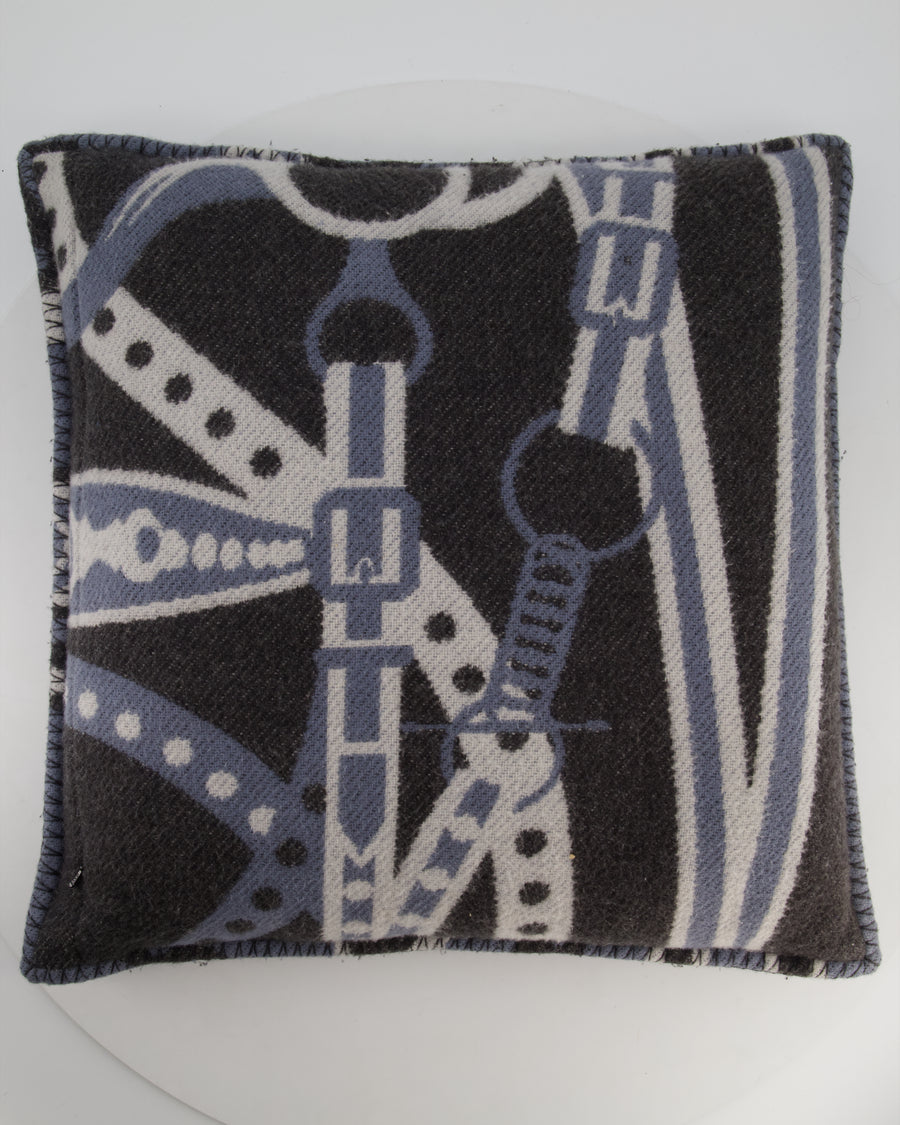 Hermès Blue, Noir and Ecru Ardoise Grand Tralala Pillow Size 50 cm