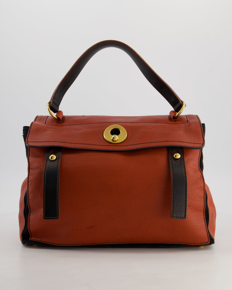 Yves Saint Laurent Vintage Red and Black Muse Two Bag in Grained Cognac Leather and Gold Hardware