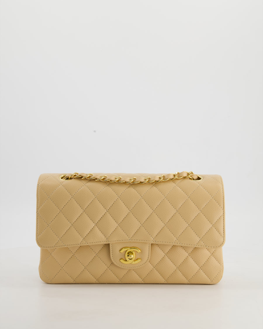 Chanel Beige Medium Classic Double Flap Bag in Caviar Leather with Gold Hardware