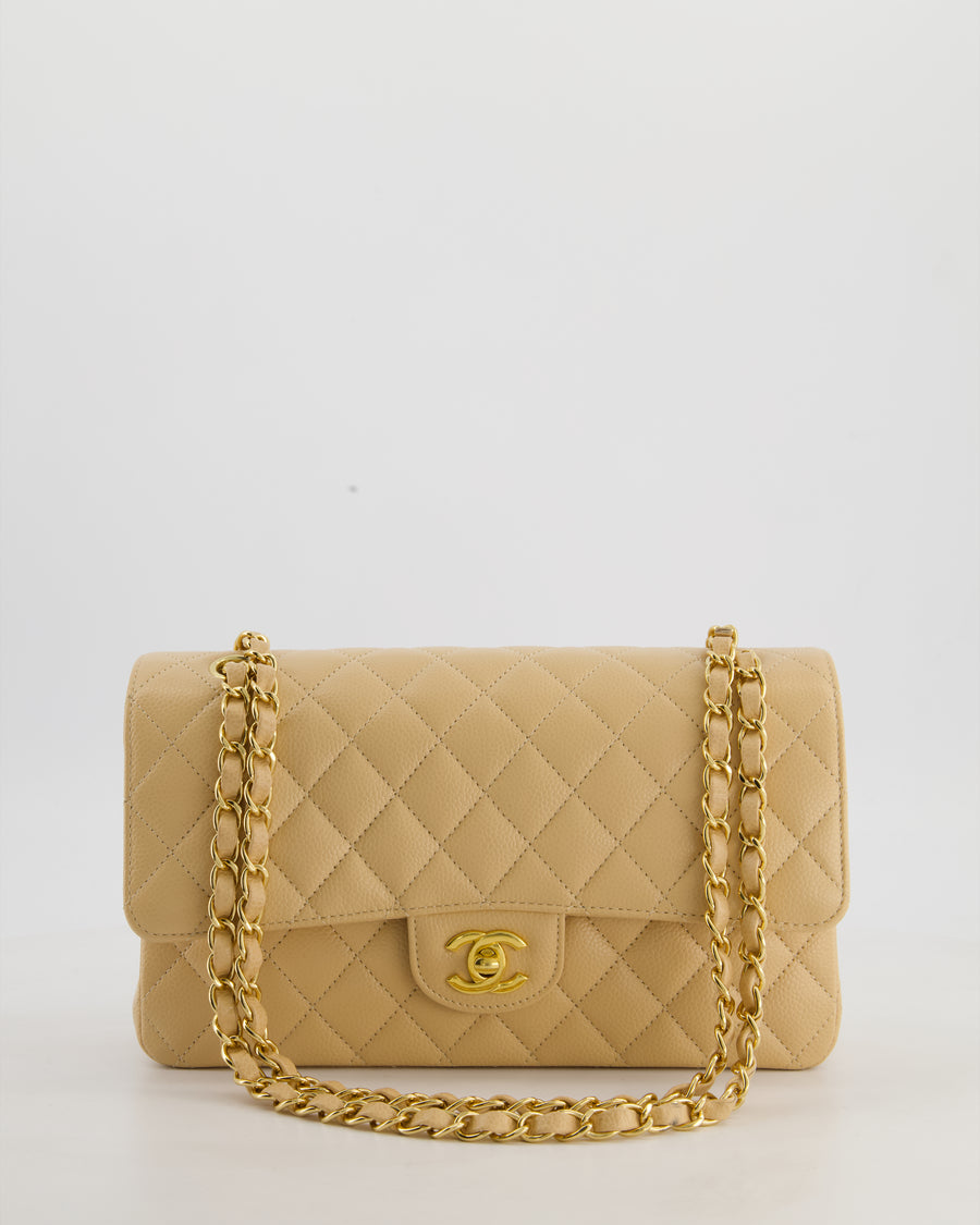 Chanel Beige Medium Classic Double Flap Bag in Caviar Leather with Gold Hardware