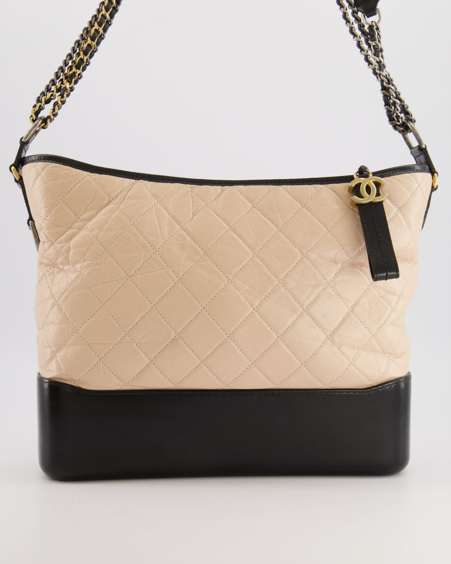 Chanel Large Gabrielle Bag in Beige and Black Crumpled Calfskin Leather with Mixed Hardware
