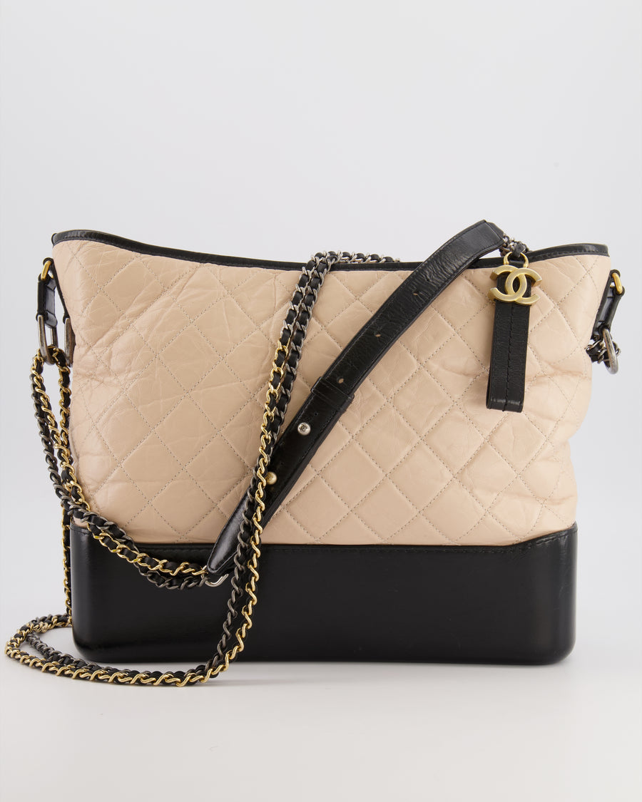 Chanel Large Gabrielle Bag in Beige and Black Crumpled Calfskin Leather with Mixed Hardware