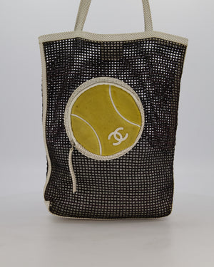 Chanel Vintage Black 2004 Mesh Tennis Shopper Tote Bag with a Green Tennis Ball Pouch and CC Logo