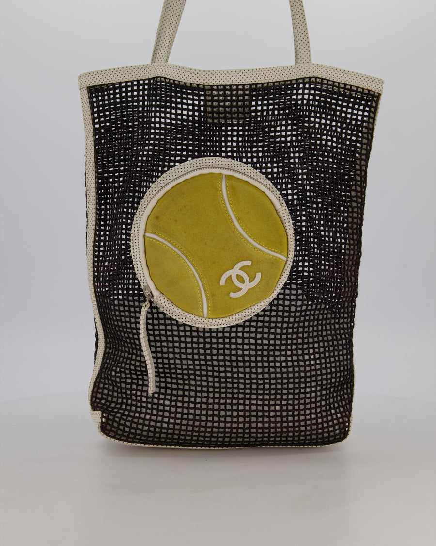 Chanel Vintage Black 2004 Mesh Tennis Shopper Tote Bag with a Green Tennis Ball Pouch and CC Logo