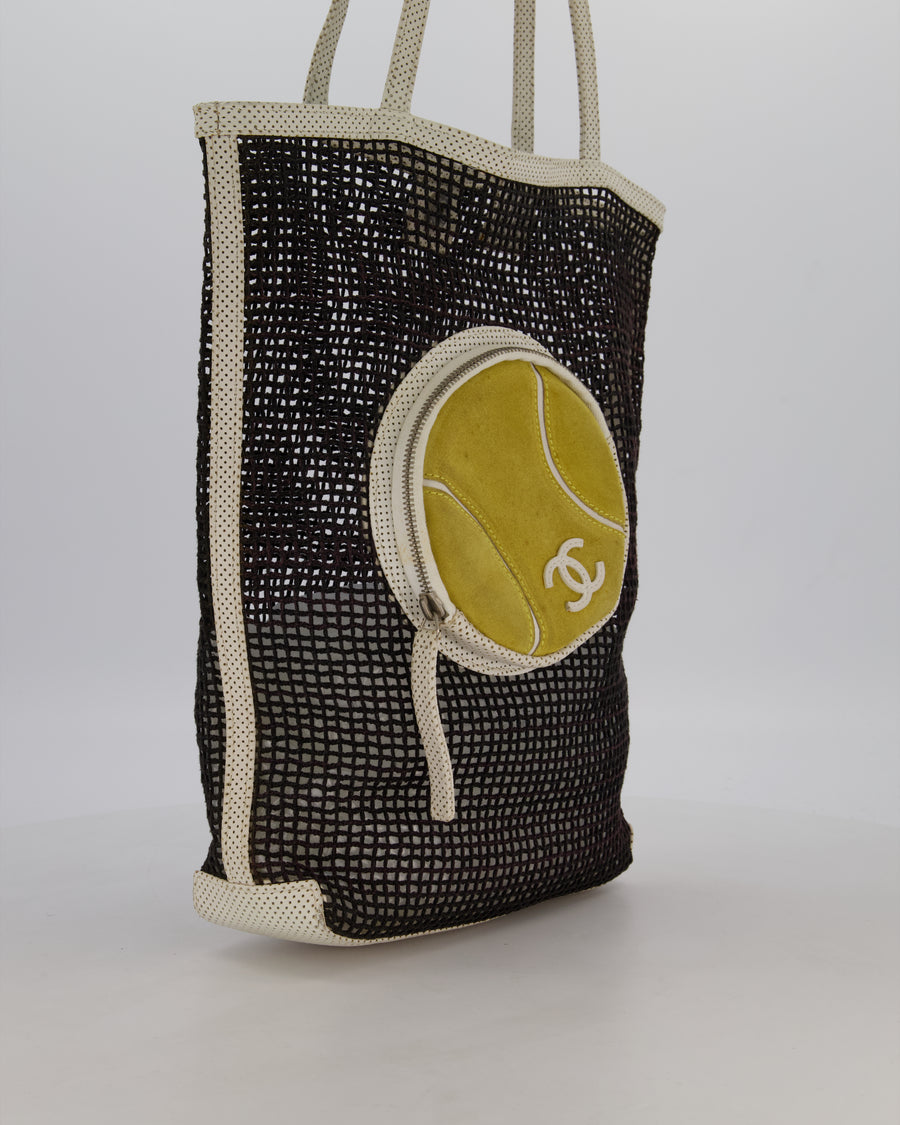 Chanel Vintage Black 2004 Mesh Tennis Shopper Tote Bag with a Green Tennis Ball Pouch and CC Logo