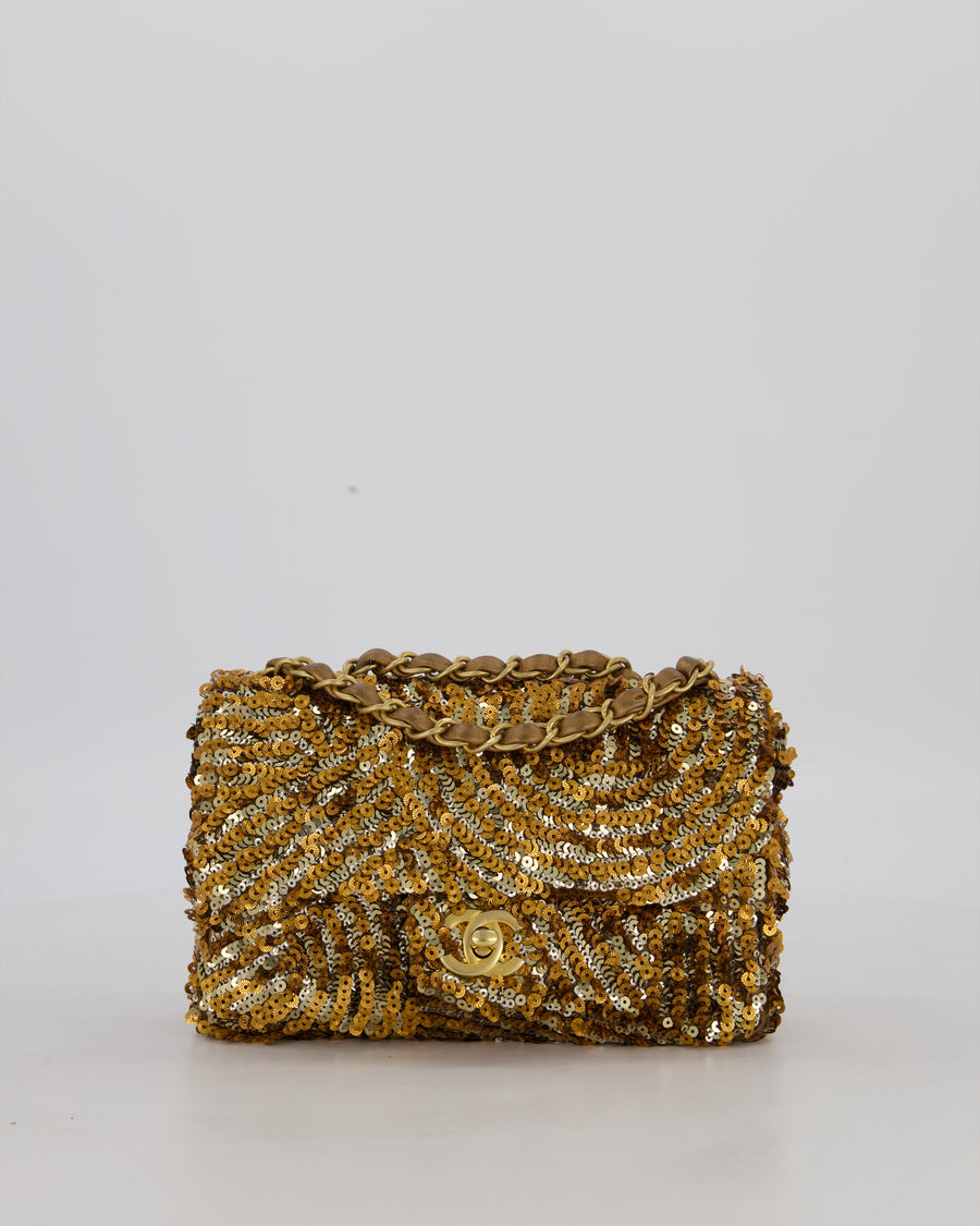 Chanel Classic Single Flap Bag in Metallic Gold and Silver Sequin with Gold Hardware